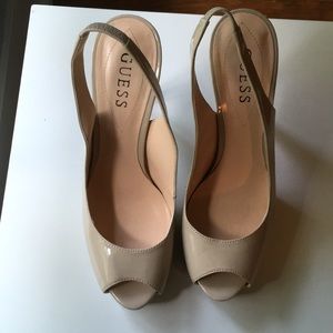Nude sling back patent leather peep toe heels